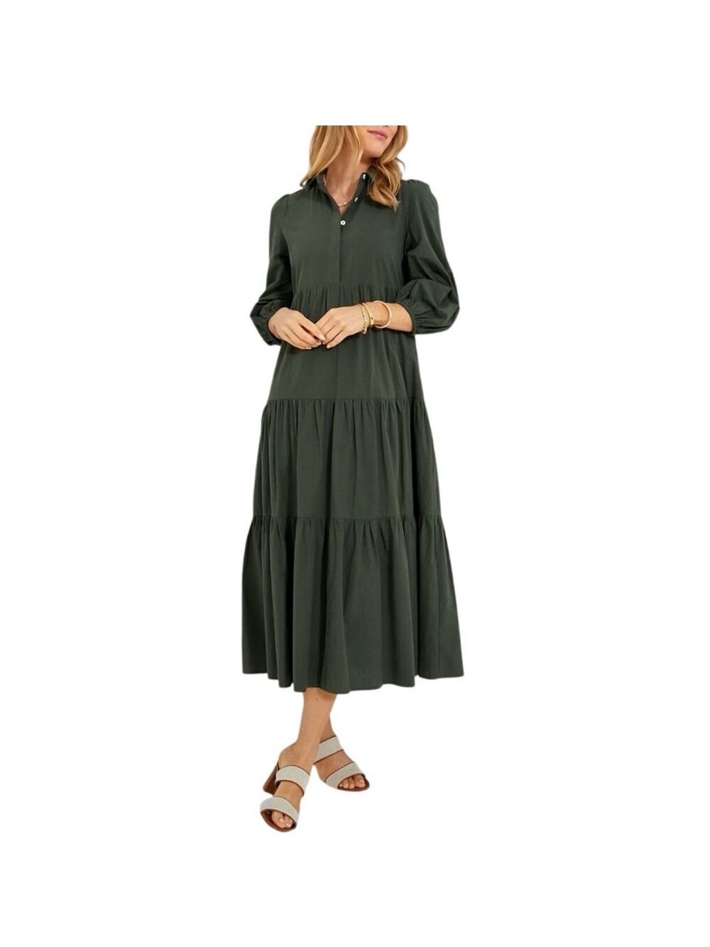 Pomander Place Olive Tiered Midi Shirt Dress